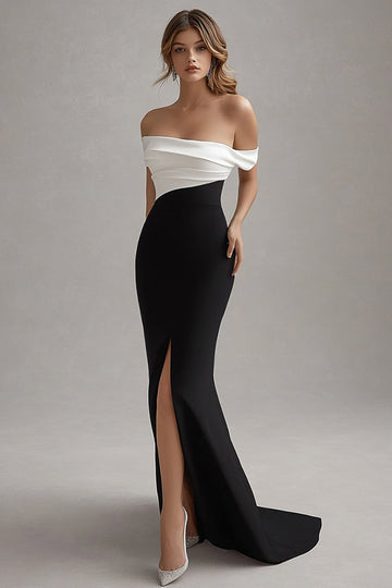 Matte Satin Sheath Off the Shoulder Black Tie Dress